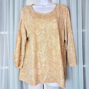 Chicos Zenergy 2 Gold Blouse Floral Sparkle 3/4 Sleeve Stretch Pullover Sz L